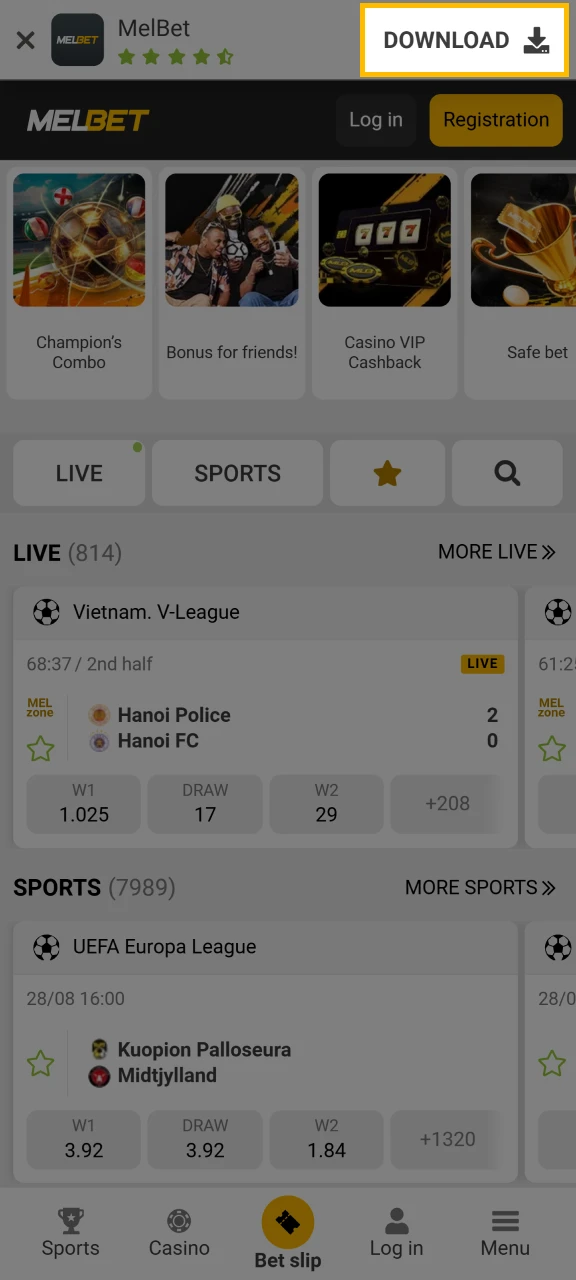 Click Download to get the Melbet APK file.