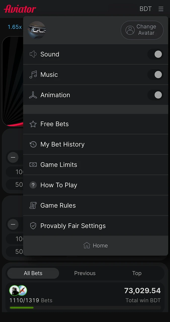 Drop-down menu in the Avaitor game from Melbet Casino.