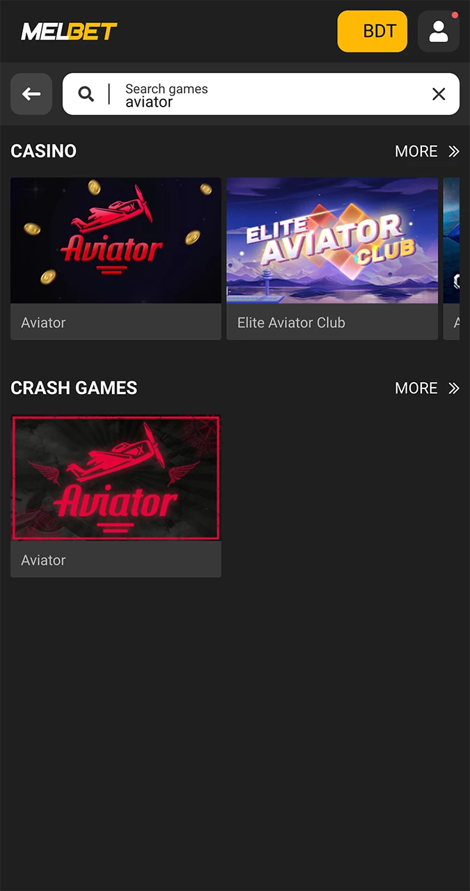 Search for the Aviator game in the Melbet app.