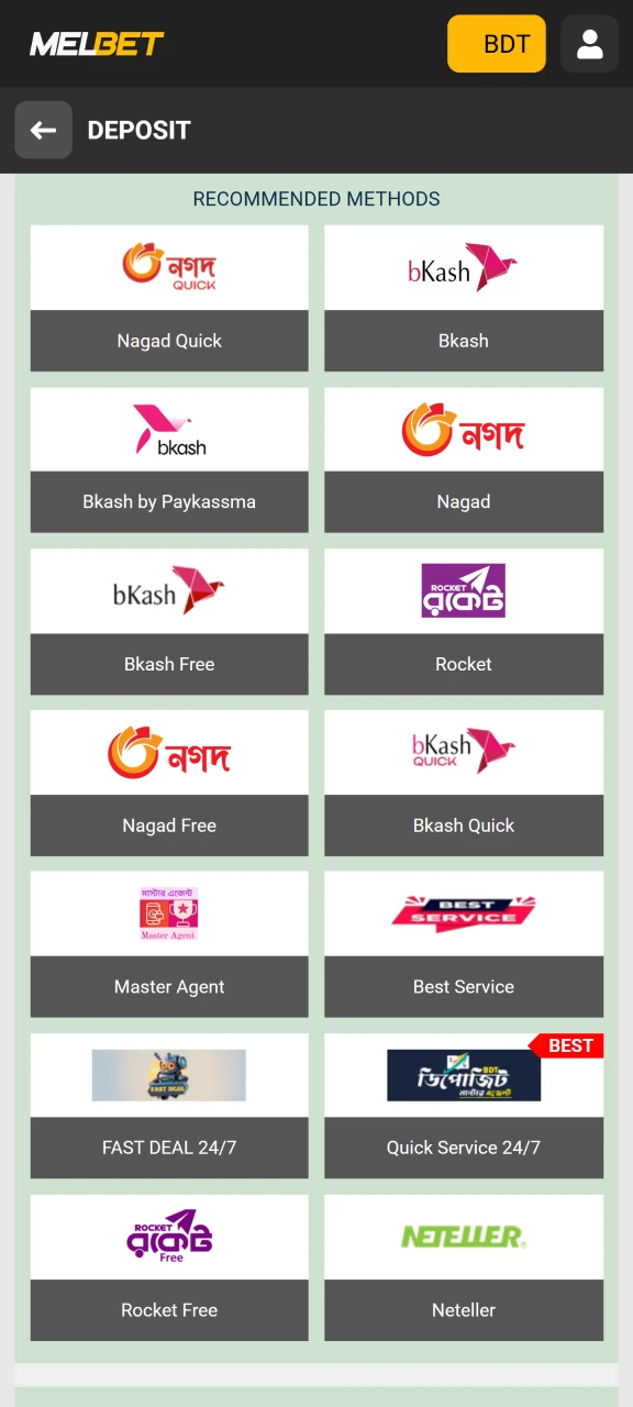 Select a convenient Melbet payment method to top up your account.