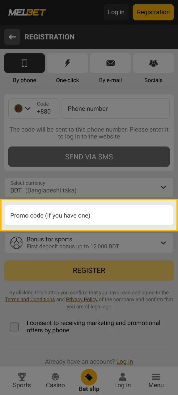 Add a promo code, if you have one, when registering at Melbet.