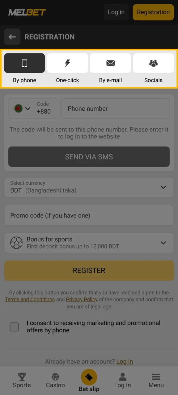 Select a registration method to create a Melbet account.