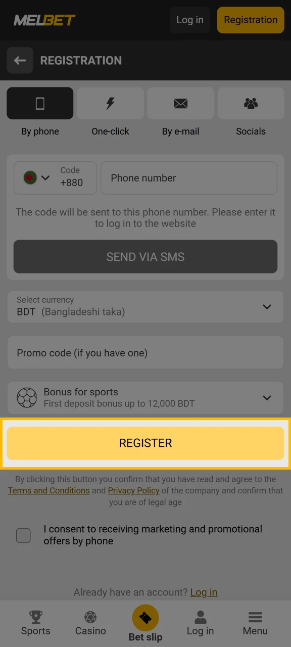 Click Register to complete your Melbet registration on the website.