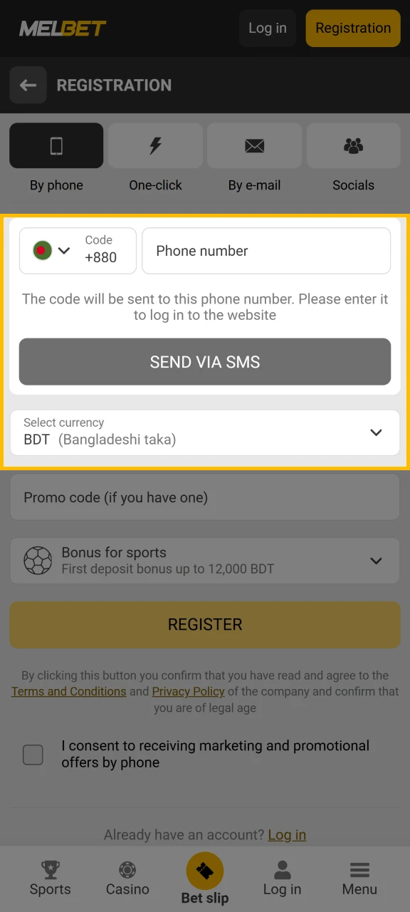 Enter your details to register at Melbet BD.