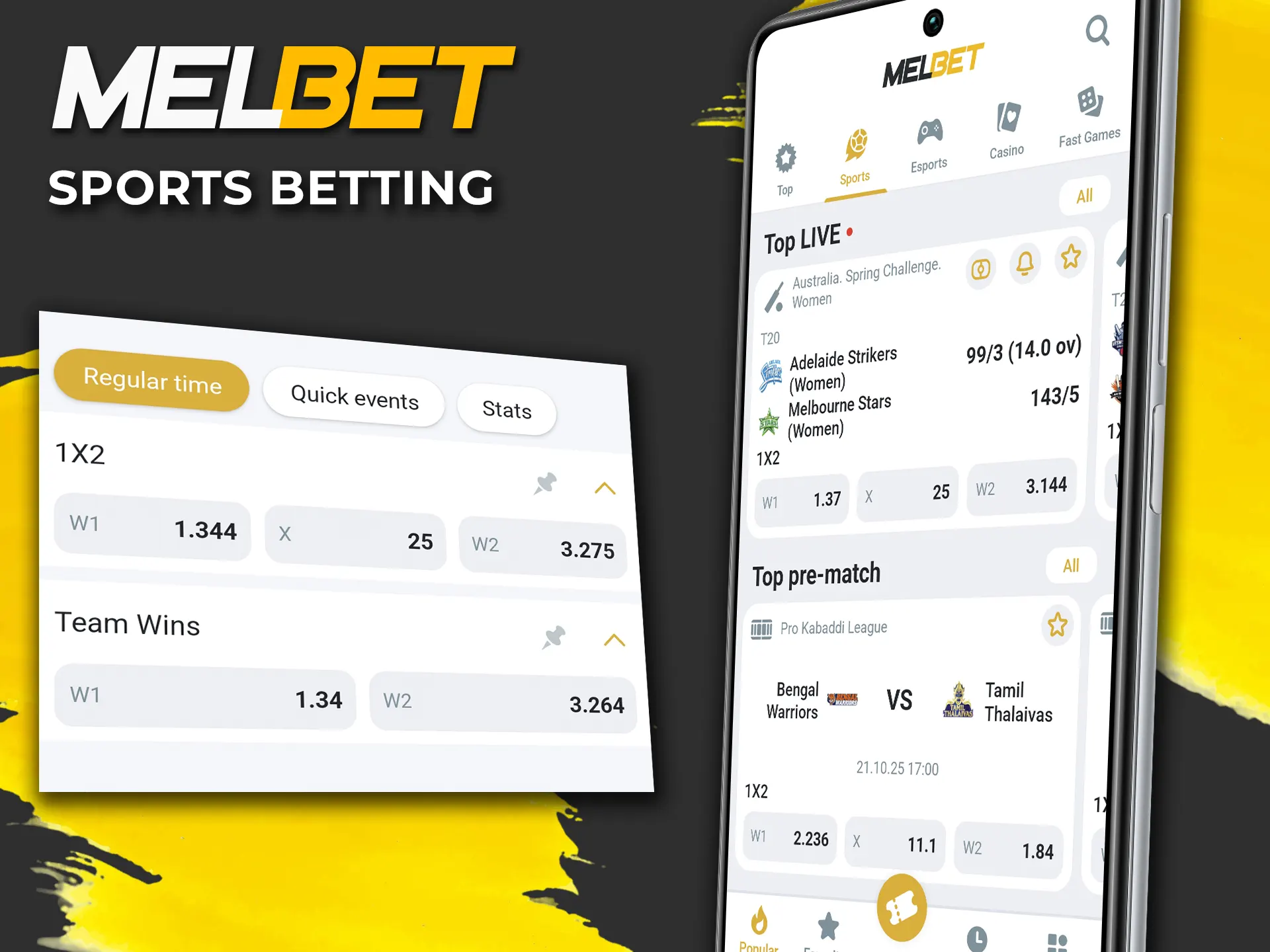 Place sports bets in the Melbet application.