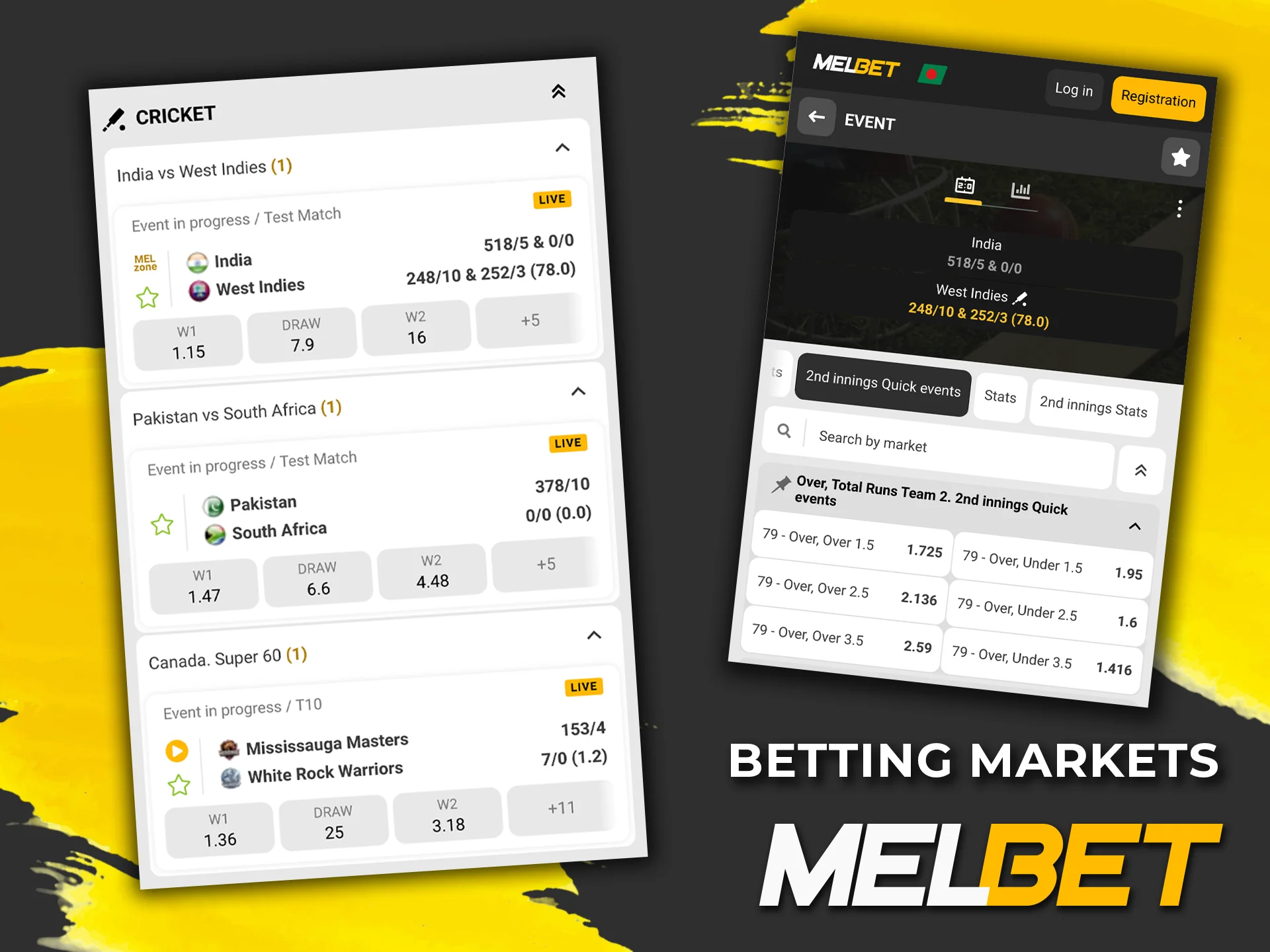 Explore the extensive range of markets available for Melbet cricket betting on the official website.