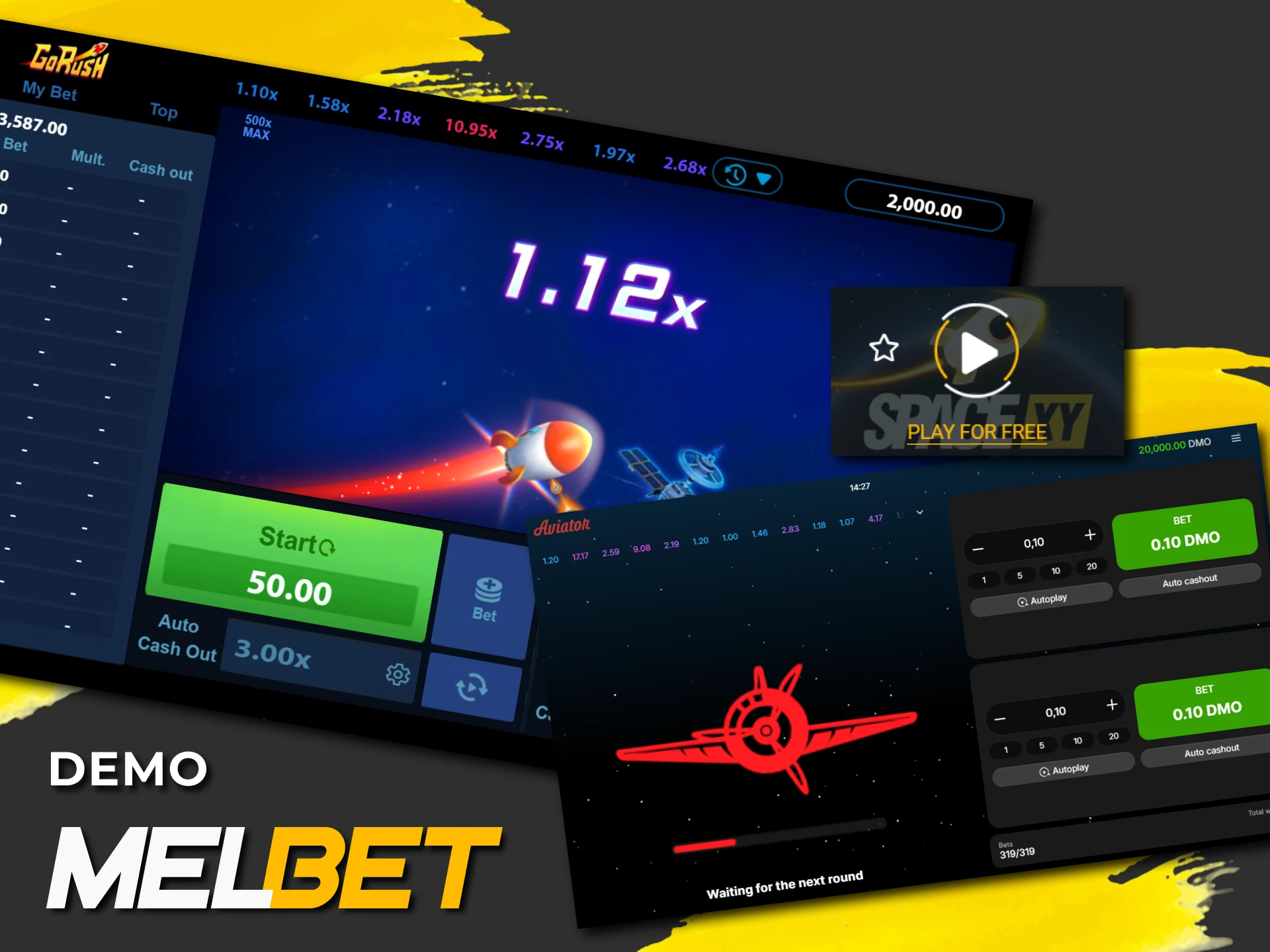Try the demo version of crash games on the Melbet platform.