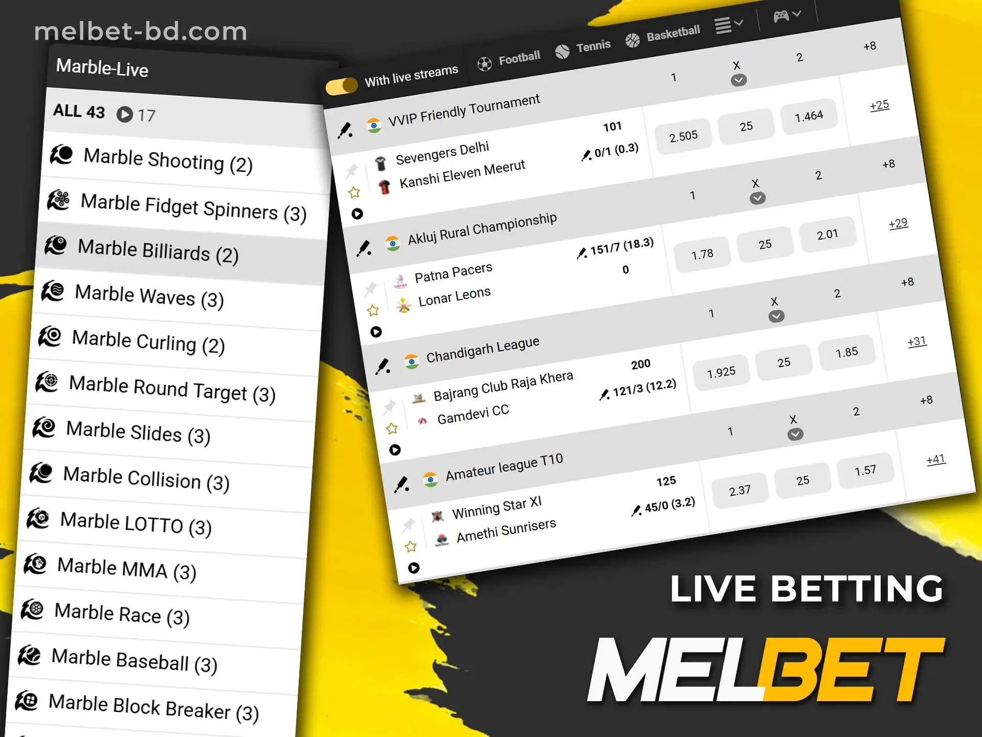 Follow the game and place live bets at Melbet online.
