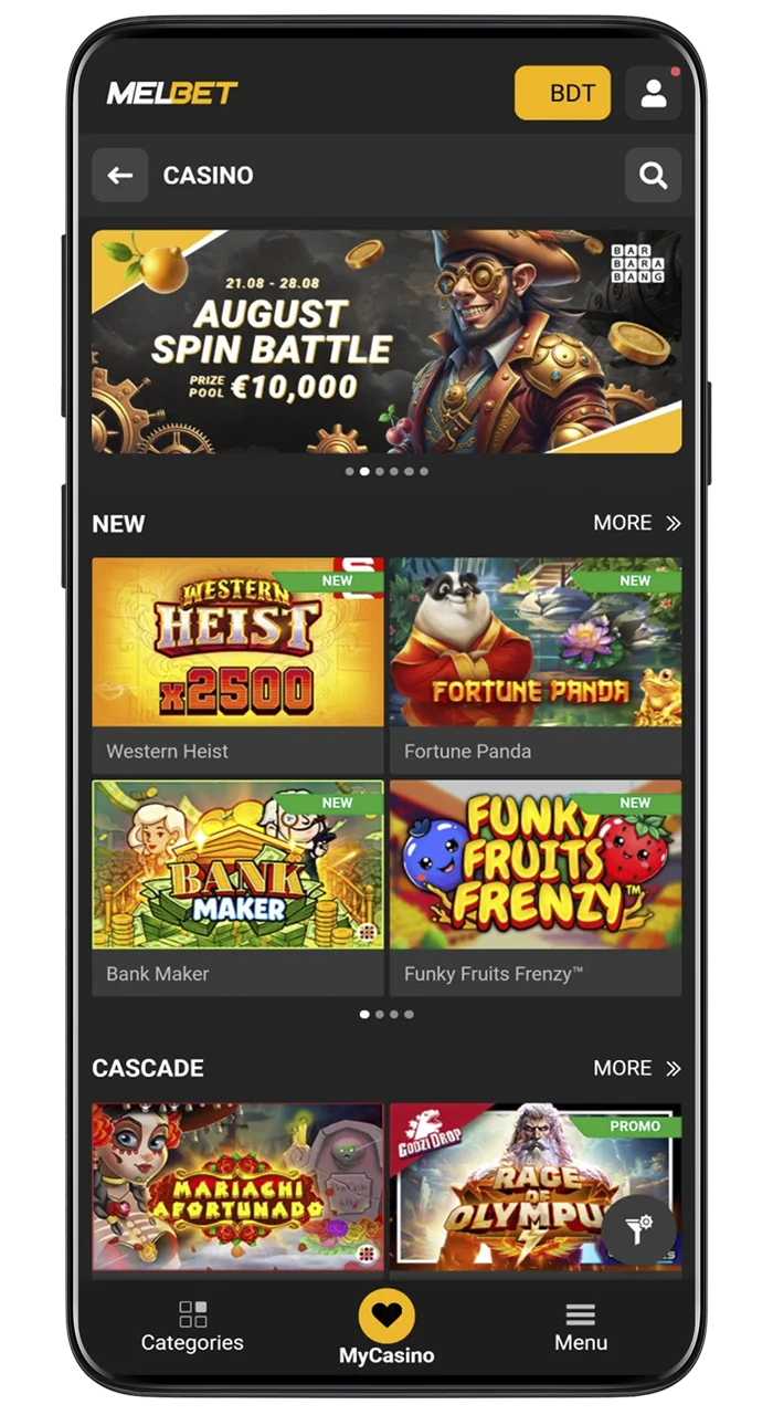 Check out the games available on the Melbet casino app.